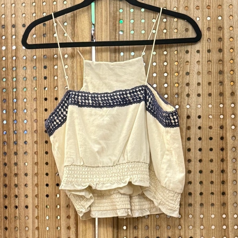 Moon River Crochet Trim Sleeveless‎ Top Beige Cream Smocked Blouse Boho
